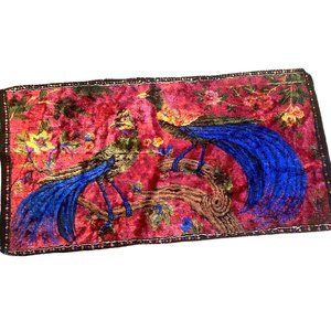 BMS Peahen Peacock Velvet 38" x 20" Tapestry Vintage MCM 60/70s Rug Wall Hanging